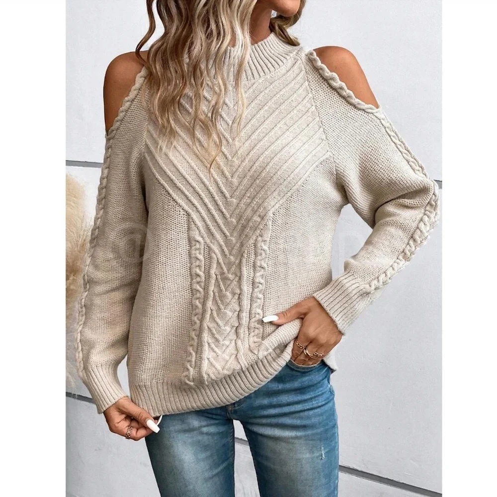 Beige Cable Knit Pullover Sweater Cold Shoulder Long Sleeve - Picture 3 of 9